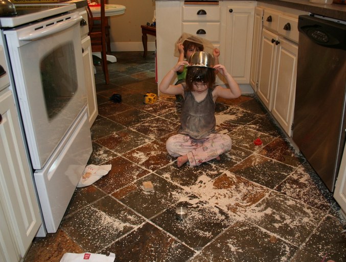 Clean up the mess. Mess up the Kitchen. Babby messed up in the Kitchen. Messy Kitchen. Cleaning up the Disciple's mess.